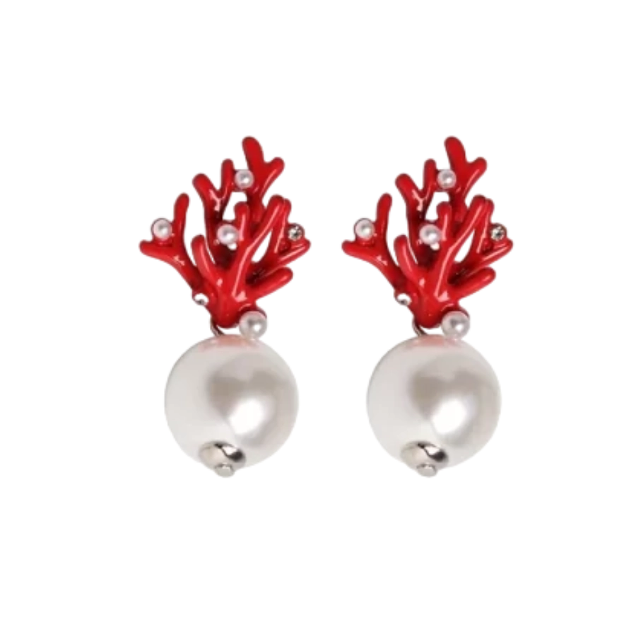 Boucles d'oreilles corail et perle - Rouge