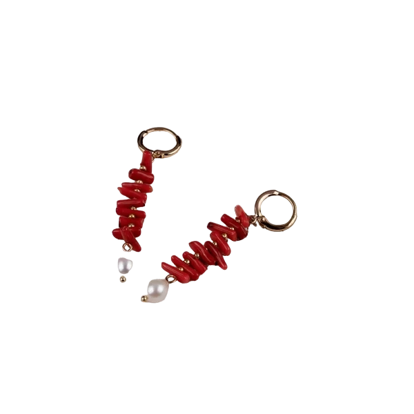 Boucles d'oreilles corail rouge pendantes avec perle - Rouge