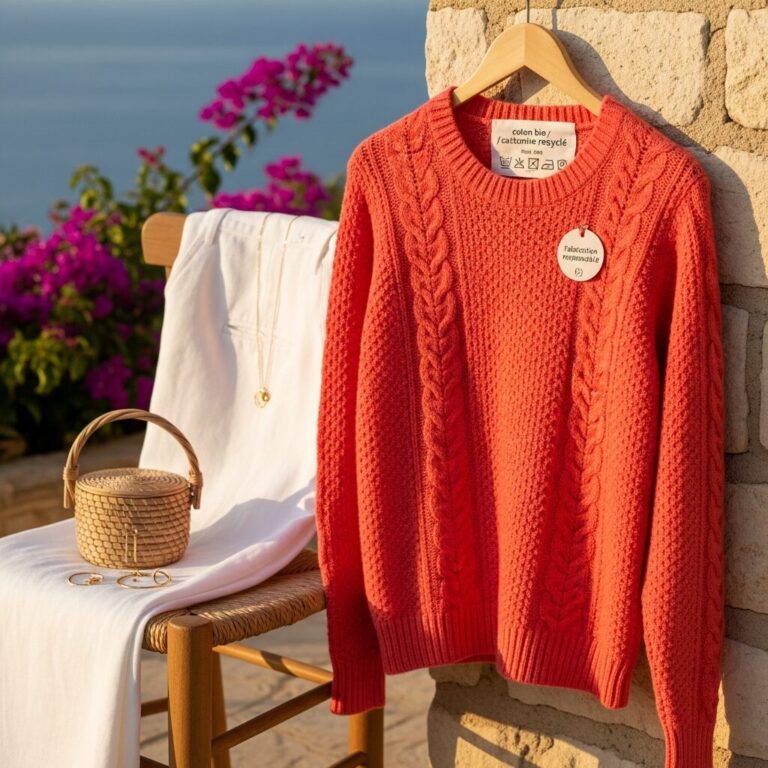 Pull corail : teinte chaude et lumineuse inspirée de la mer, pour un style chic et intemporel. Guide d'achat et conseils matières, entretien et durabilité pour préserver sa couleur vive et sa douceur, avec une touche méditerranéenne et responsable.